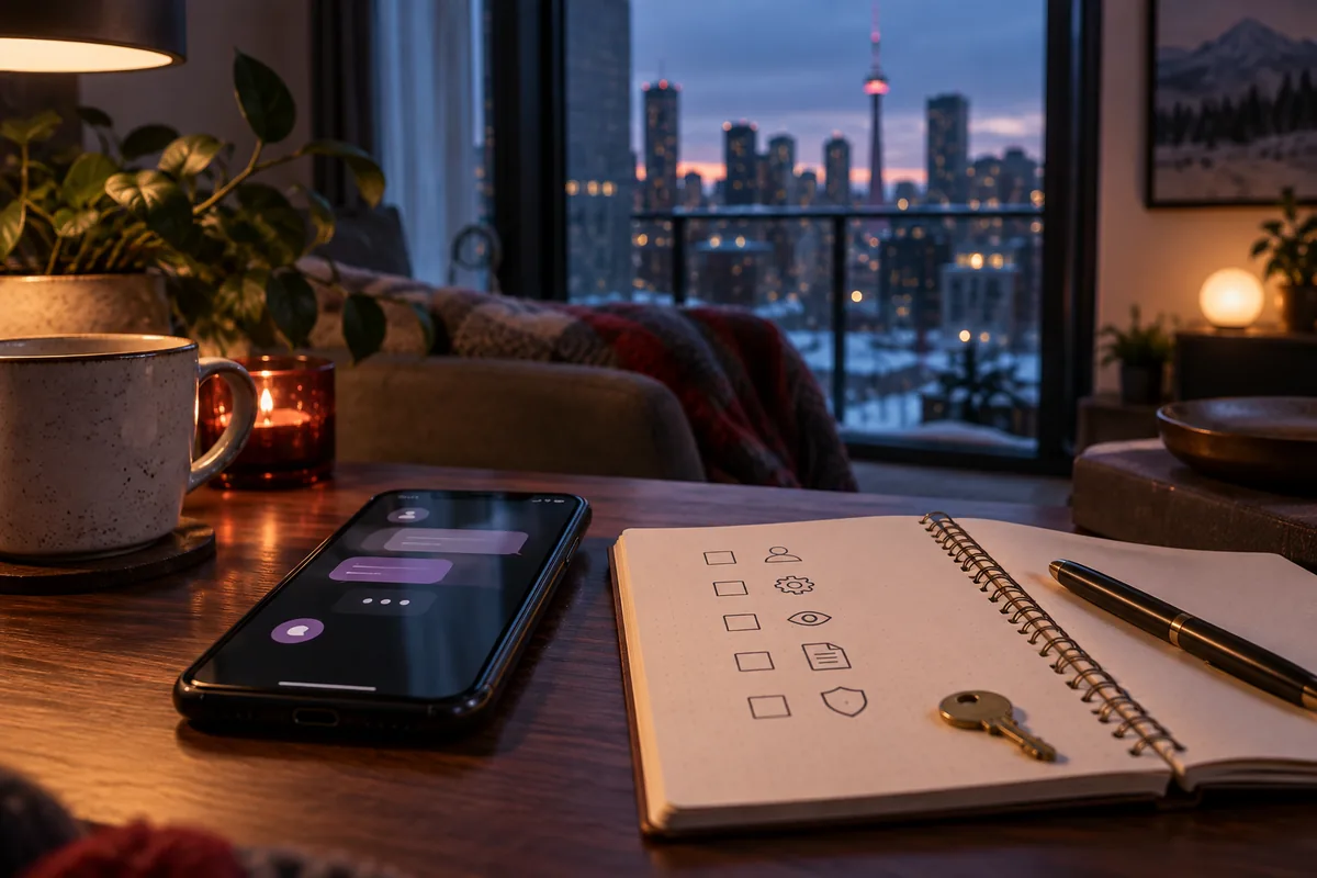 Phone and privacy checklist in a Canadian apartment at dusk