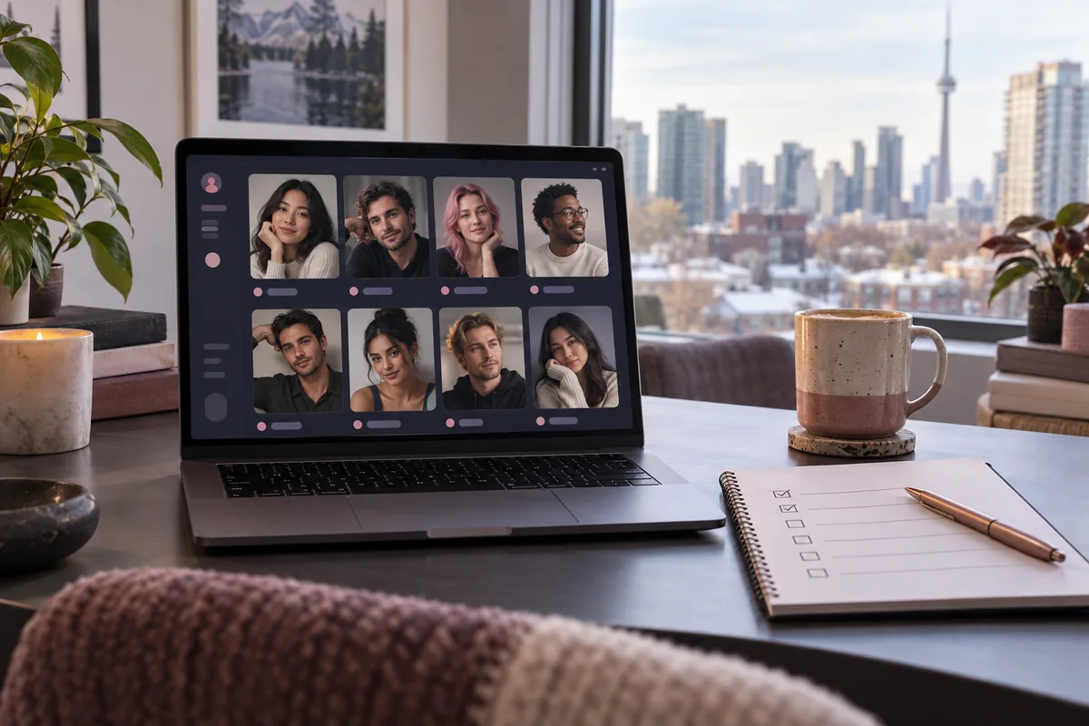 Laptop showing fictional adult AI companion profiles beside a checklist